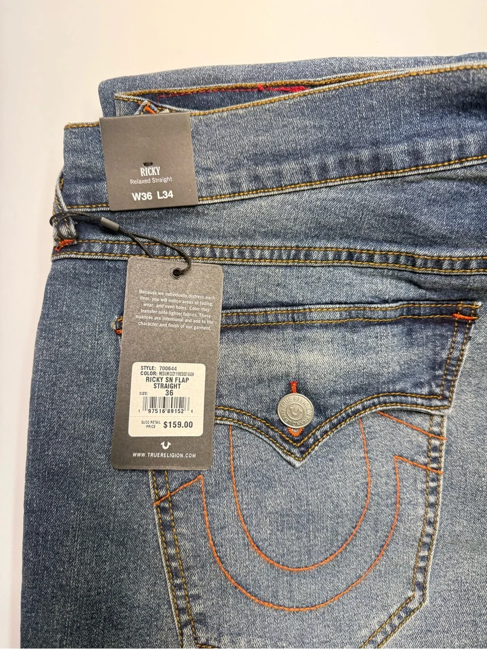 TRUE RELIGION JEANS Ricky SN Flap RELAXED  Straight Fit Mens 36x34 Dark Wash NWT